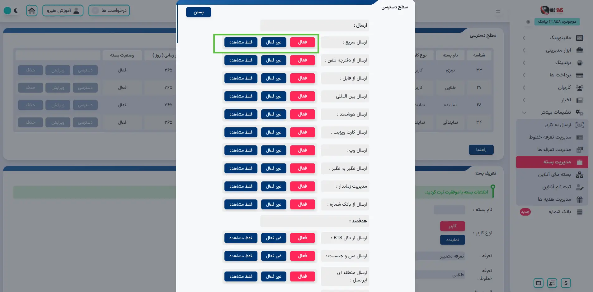 سطح دسترسی هر کاربر در پنل پیامکی