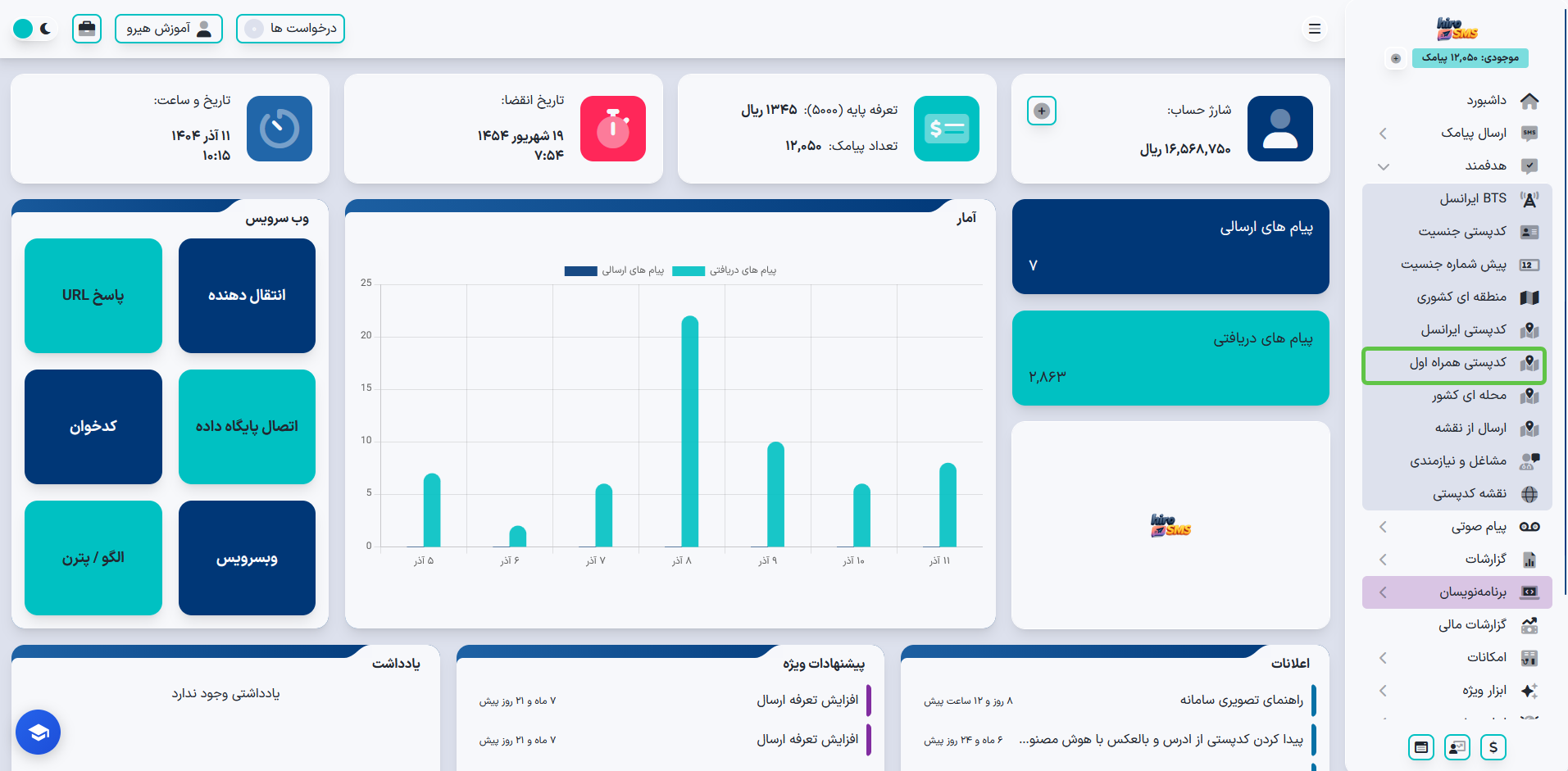 انتخاب گزینه ارسال پیامک با کدپستی همراه اول در پنل پیامکی هیرو