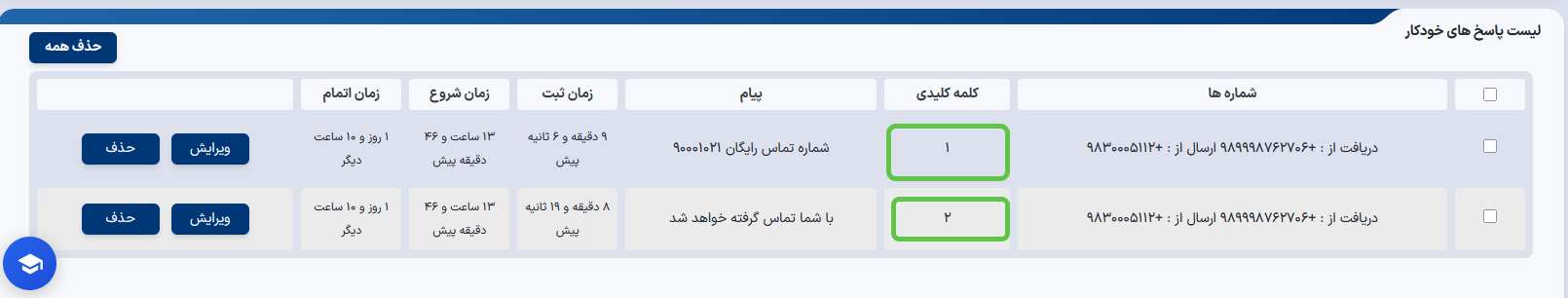 نمایش لیست پاسخهای خودکار در منشی هوشمند هیرو اس ام اس